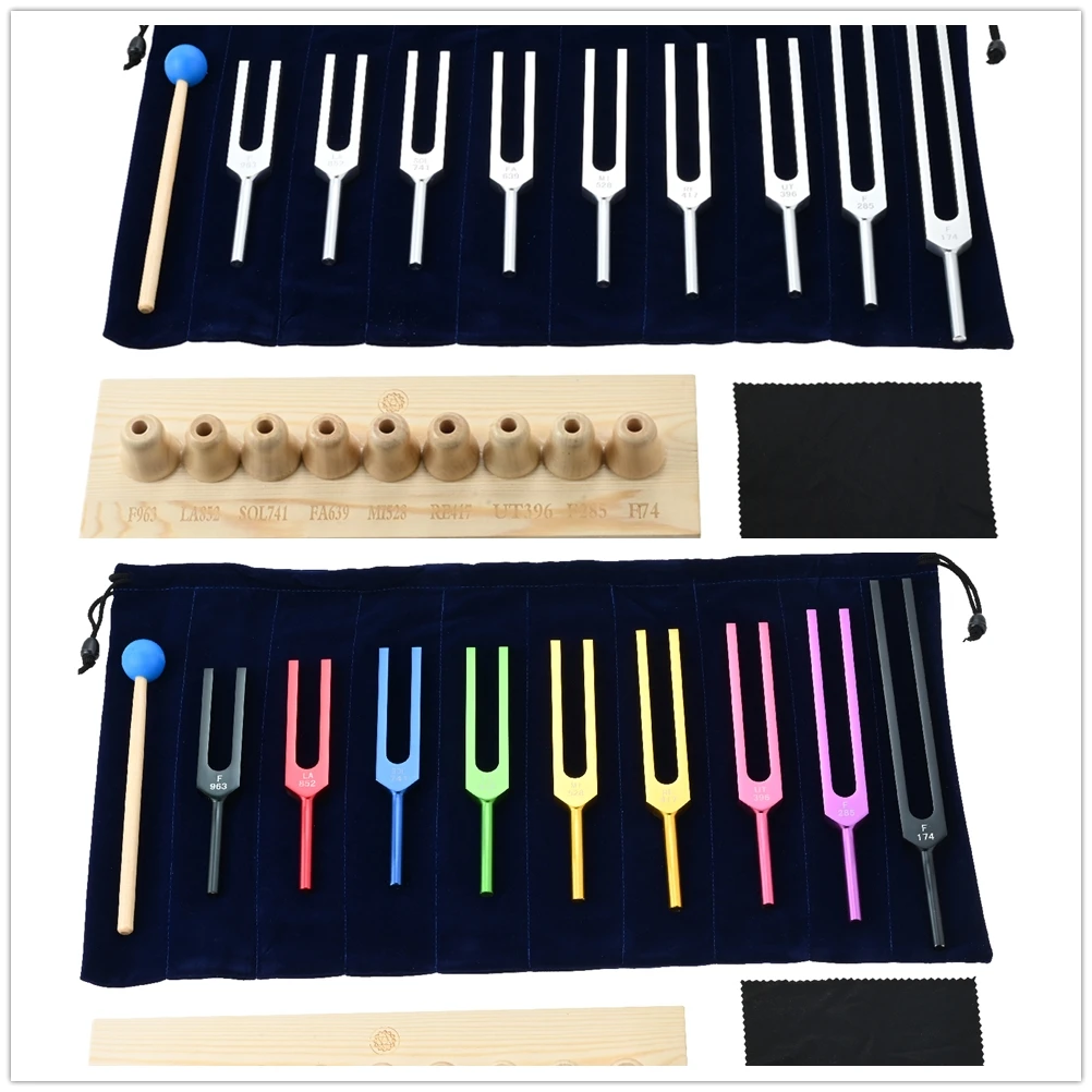 Solfeggio 9 Tuning Forks Set with Wooden Voice Box Silicone Hammer Velvet Bag 174/285/396/417/528/639/741/852/963HZ Healing Yoga