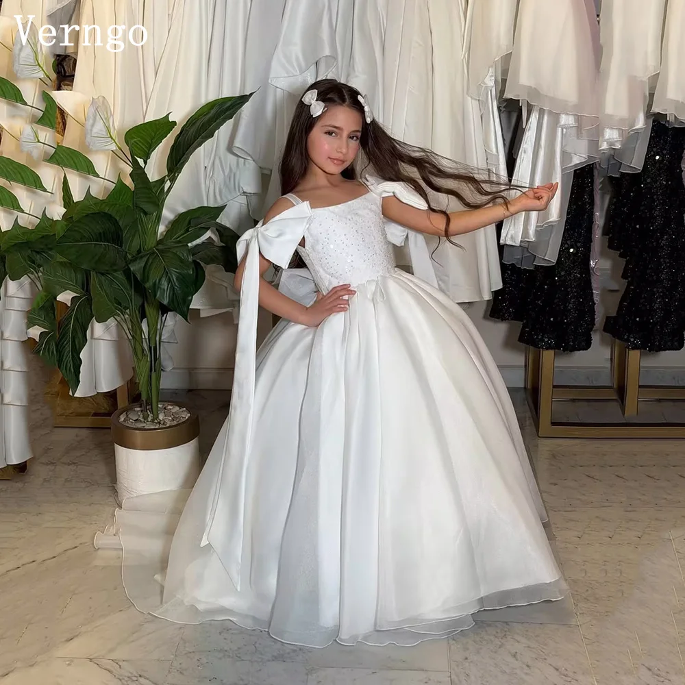 

Verngo White Tulle Girl Flowers Dress Pearls Bow A Line Princess Celebrity Dress Communion Kid Maxi Ball Gown Customized