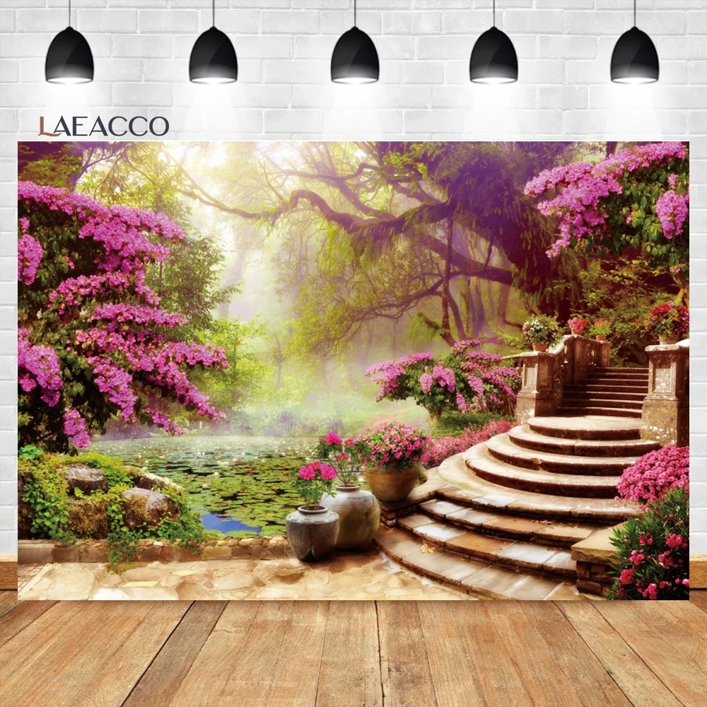 

Laeacco Spring Garden Scenery Backdrop Blooming Cherry Floral Tree Path Outdoor Wedding Party Portrait Photography Background