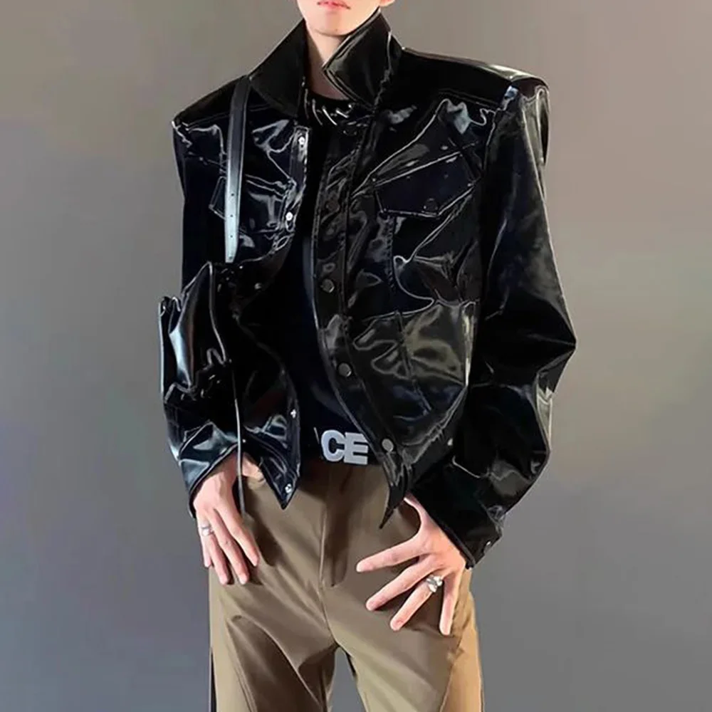 Mens Pu Leather Jacket Shiny Shoulder Pad Leather Jacket Autumn Streetwear Biker Pu Leather Long-Sleeve Top Men'S Clothing 2024