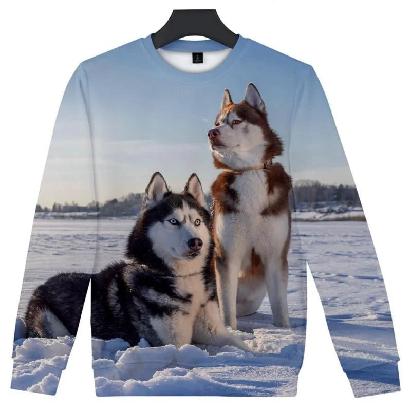 Camisetas con estampado de perro Husky siberiano para hombre, sudadera con estampado 3D de animales, jerséis de manga larga, camiseta informal con cuello redondo