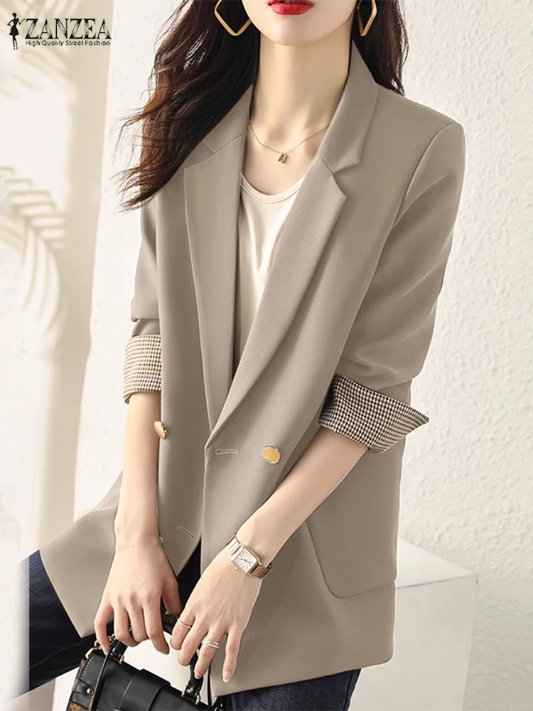 ZANZEA Long Sleeve Checked Cuffs Casual Blazer Autumn 2024 Elegant Women Fashion Blazer Lapel Neck Commute Classy Suit Jackets