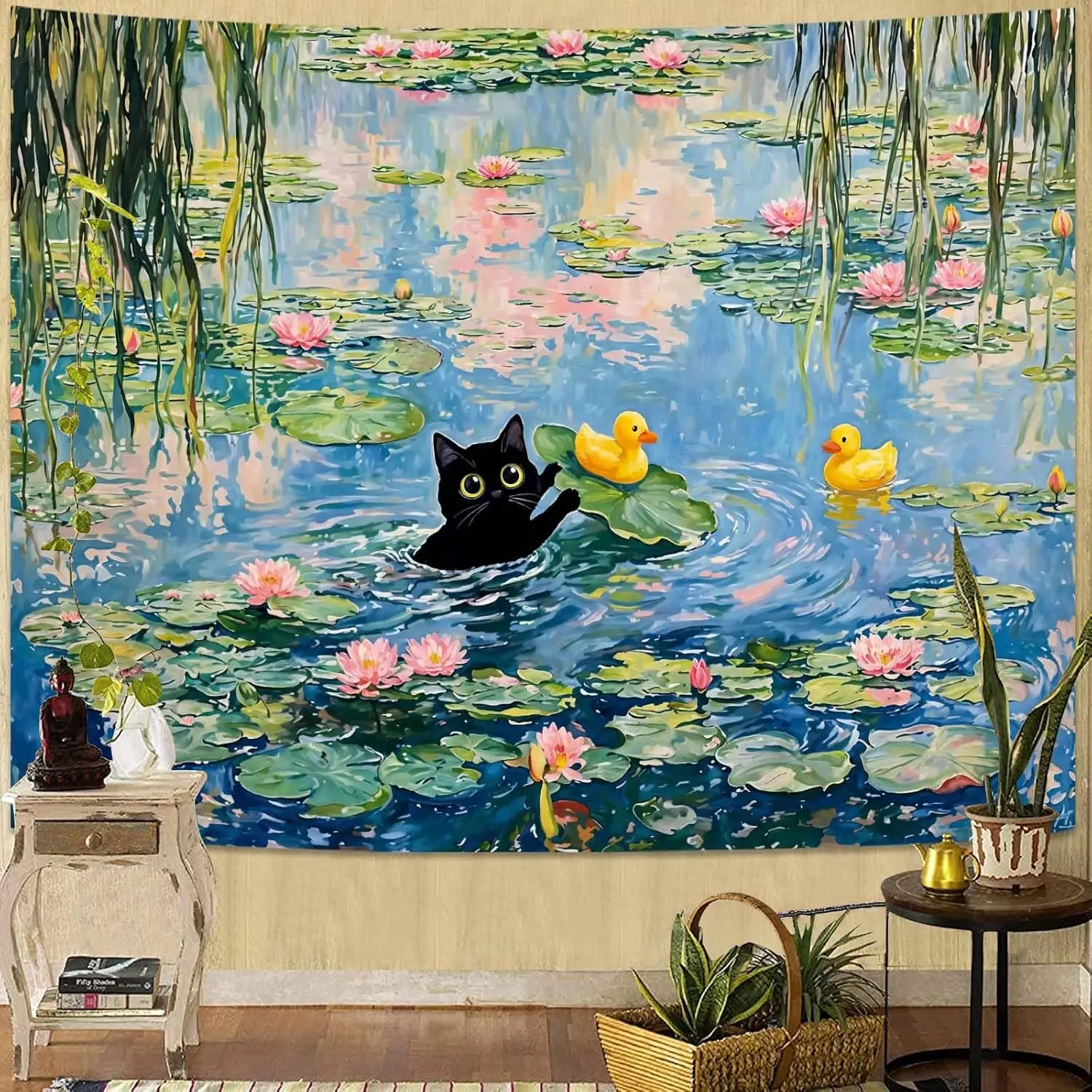 Black Cat Water Lily Pond Tapestries Impressionist Oil Painting Tapestries Cute Animal Art Wall Tapestry Bedroom Dormitory
