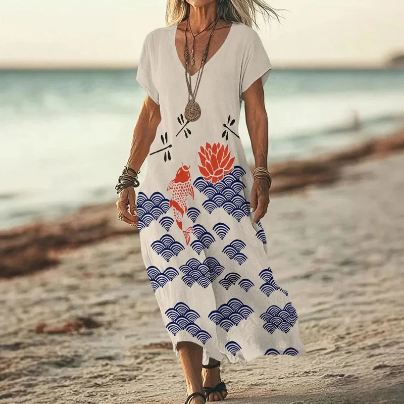 Japanese Style Koi Fish Dragonfly Wave Art Print V-neck Dress 3D Printed Casual V-neck Dress Female Dresses view 2