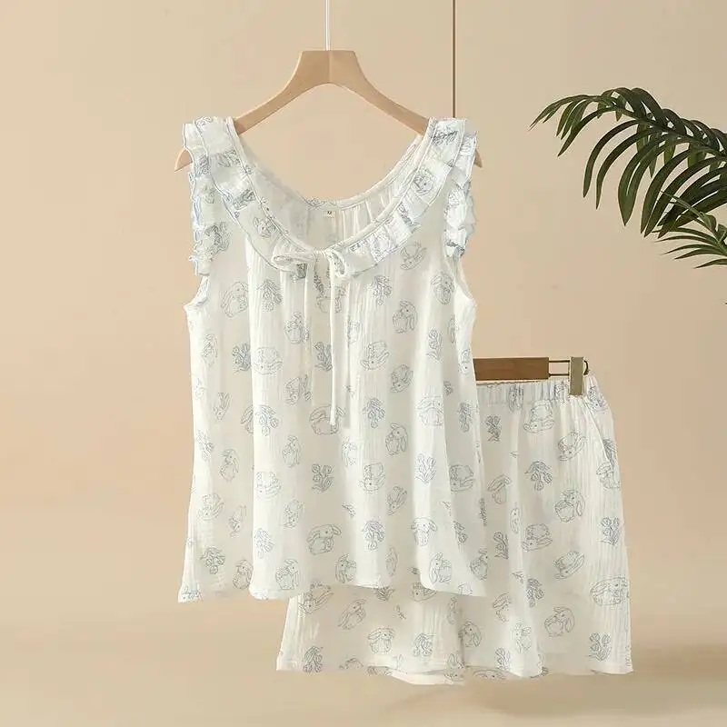 

Летний хлопковый жилет без рукавов с широкими плечами, стильный топ с шортами, комплект из 2 предметов, пижамный костюм, женская свободная домашняя одежда