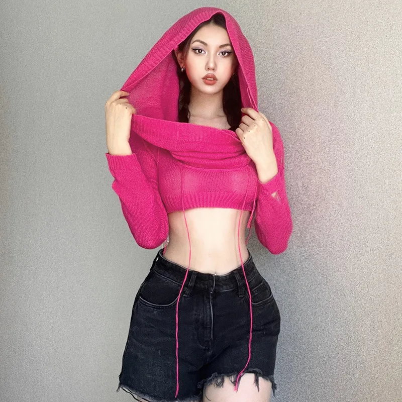 

Sweater Women Knitted Top Hooded Sweatshirt 2000s Clothes Y2k Shirts Autumn Women's Cropped Long Sleeve Pullovers