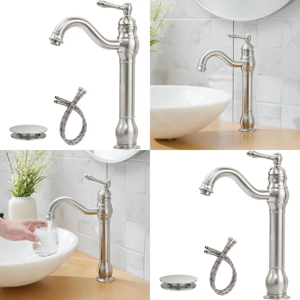 

360° Swiveling Nickel Vessel Sink Faucet for Bathroom, Tall Single Hole Design, Matching Pop-Up Drain, No Overflow