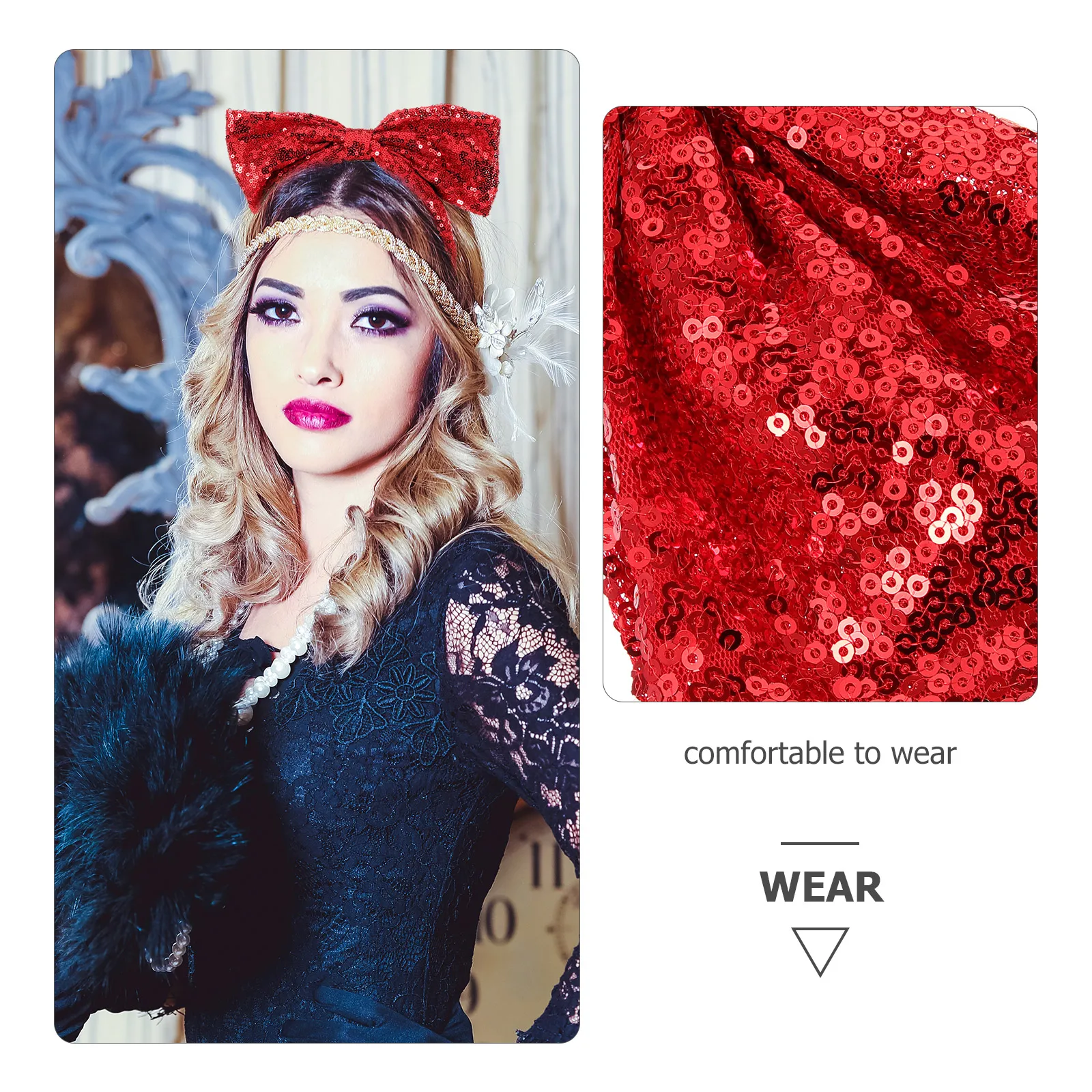 

Sequin Headband Bow Hair Accessories Women Fashion Toppers Adult Red Color Party Wedding Elegant Style Comfortable Fit