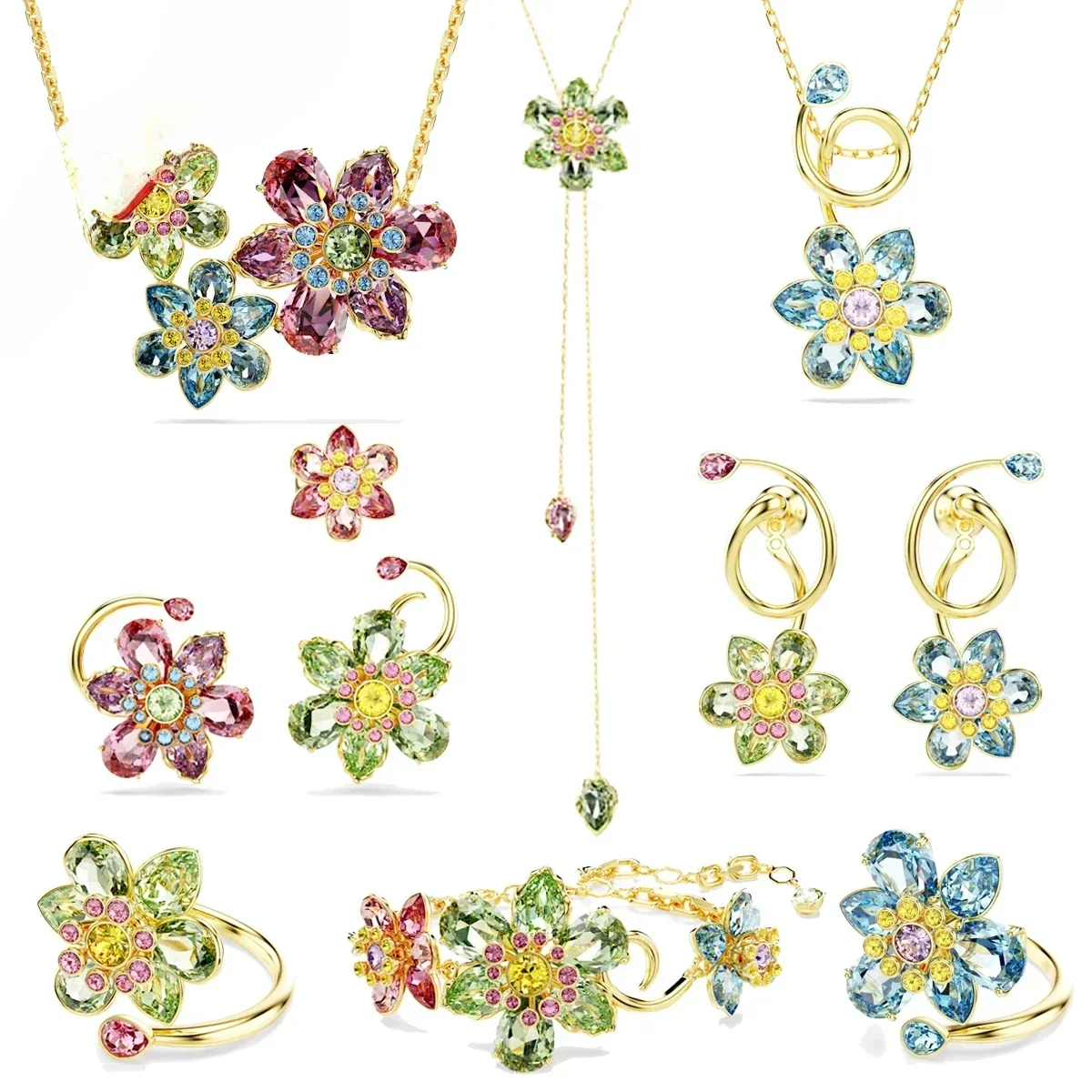 

Оригинальный новый тренд 2025 года, комплект ювелирных украшений для вечеринок, очаровательный синий, зеленый цветок, хрустальный кулон, модное женское ожерелье, серьги, кольцо