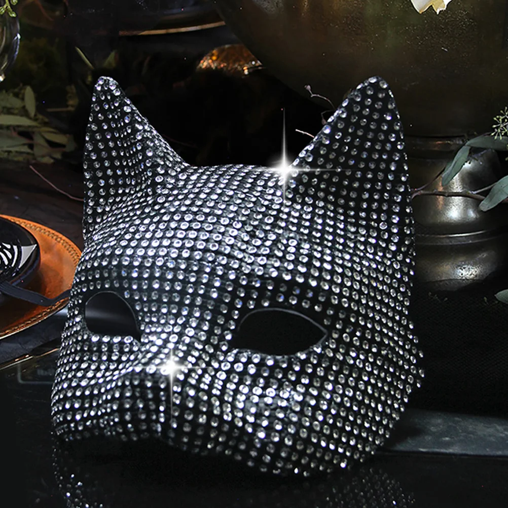 Halloween Cosplay Mask Halloween Mask Shiny Rhinestone Cat Shape Mask Party Supply