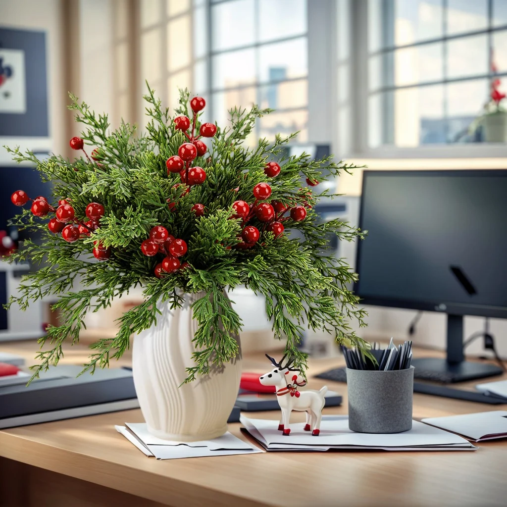 15 قطعة فروع الصنوبر الاصطناعي مع ينبع التوت الأحمر فو عيد الميلاد الأخضر الصنوبر السرو DIY بها بنفسك الحرفية جارلاند ديكور المنزل عيد الميلاد