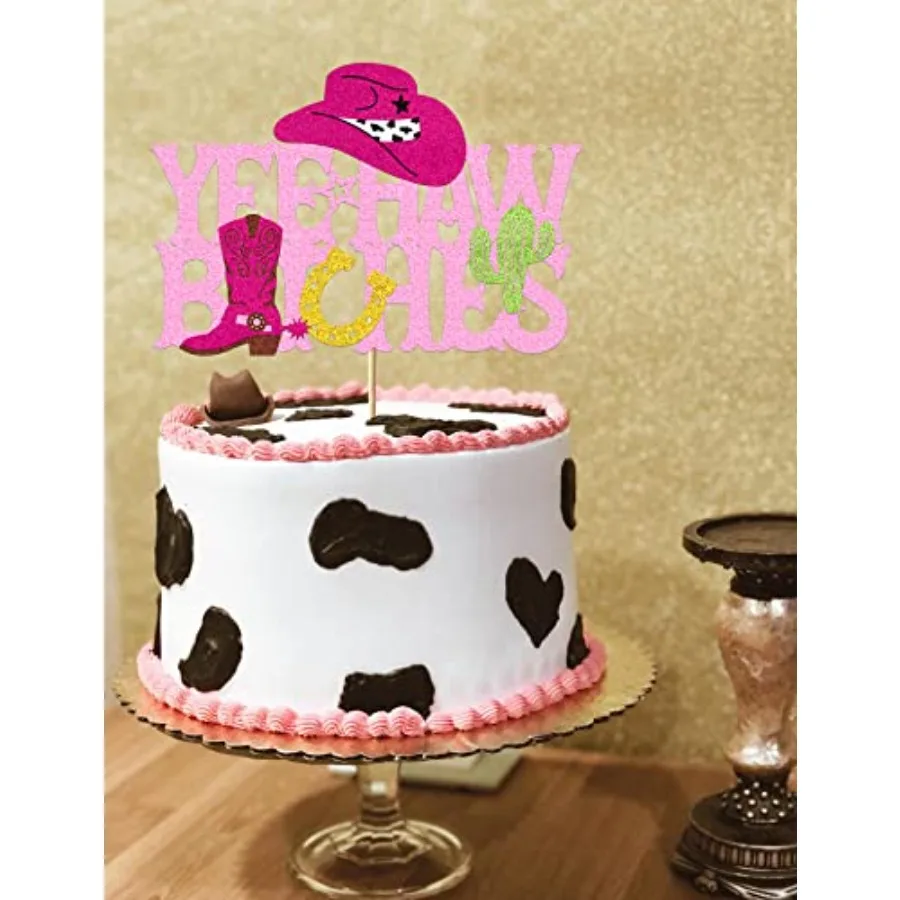 Yee Haw Cowgirl Cake Topper Western Decorations Glitter Pink Bachelorette Theme Cake Toppers Decorations for Girls Women Horse