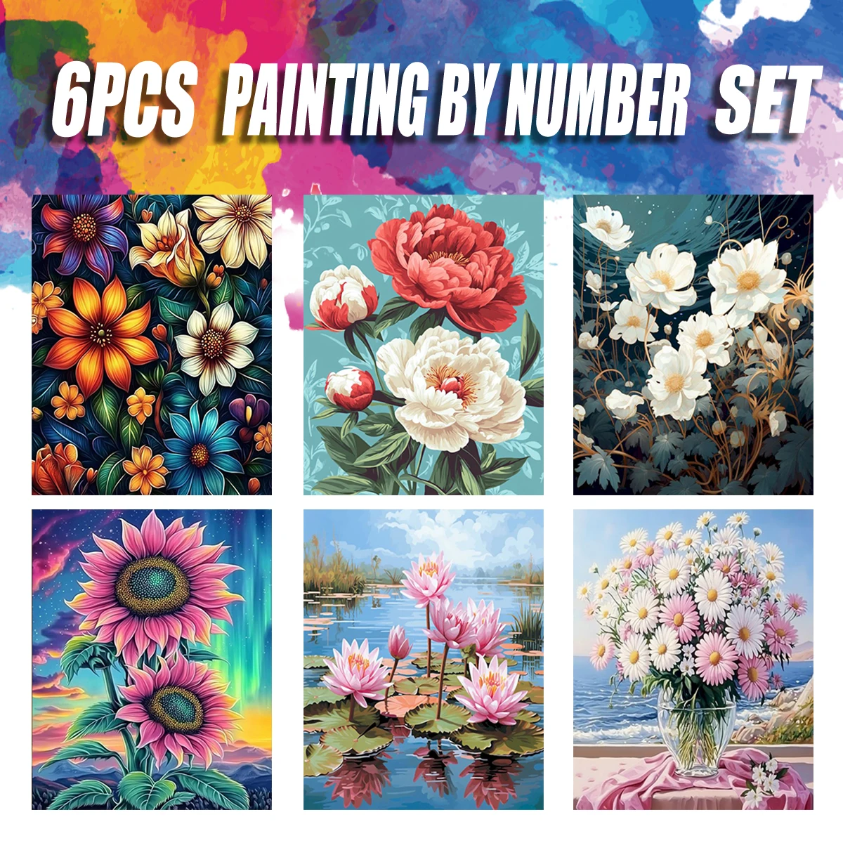 

PhotoCustom 6pcs Painting By Number For Adults On Canvas Colorful Flowers Diy Picture Coloring By Number Home Decoration ﻿