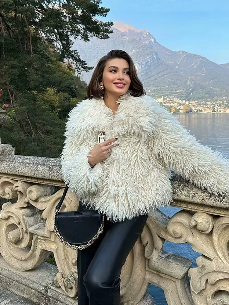 2025 الخريف الشتاء الشارع سيدة فروي معطف دافئ موضة فو الفراء معطف المرأة فضفاضة التلبيب كم كامل رقيق معطف قصير #4