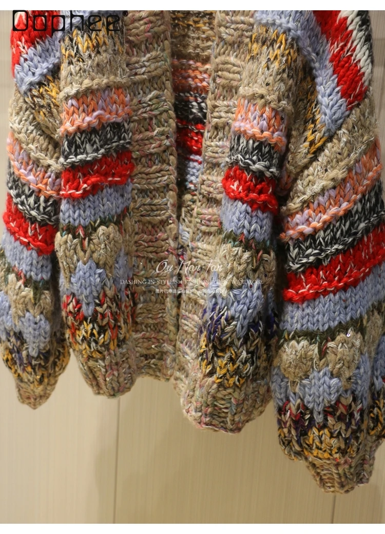 Autumn Winter Fashion Patchwork Striped Knitted Loose Thickened Warm Sweater Commuting Style Trendy Loose Slim Knitted Cardigan