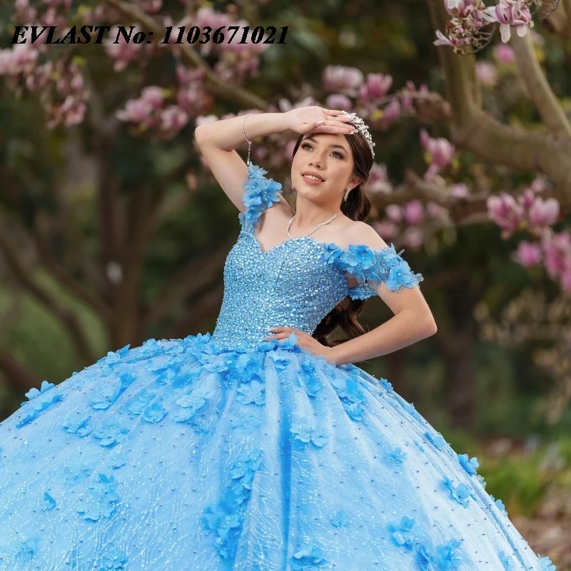 EVLAST 맞춤형 블루 성인식 원피스 볼 가운, 3D 꽃 레이스 아플리케 비즈 코르셋, 스위트 16 Vestidos De XV Anos SQ337