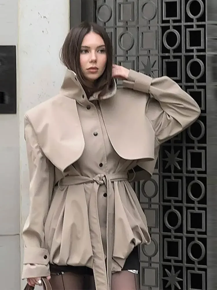 Elegant Shawl Patchwork Women's Short Trench Coat Autumn Long Sleeve Belt Pleated Female Outwear 2026 Fashion Winter Lady New