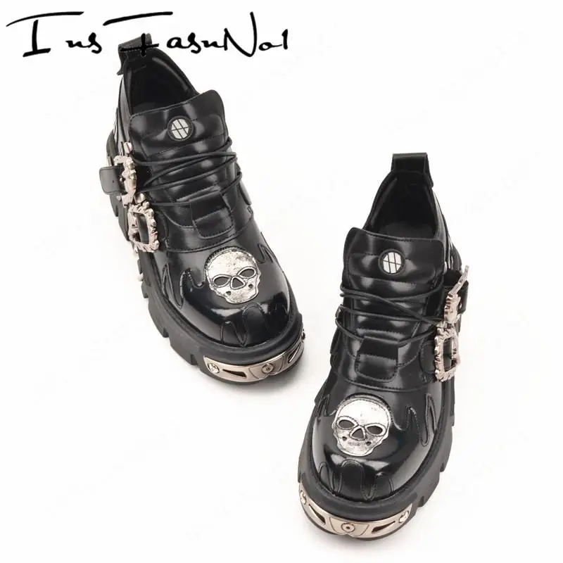 Gothic Black Women Shoes Designer Punk Metal Flat Platform Walking Sneakers Skeleton Print Metal Buckles Street Demon Cos Flats