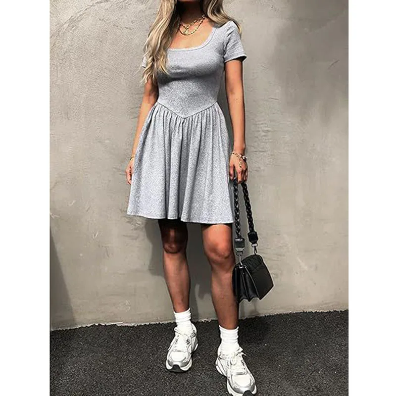 Elegant Tummy Control Pleated Dresses Women Sexy Low-Cut Round Collar Mini Dress Casual Solid Color Short Sleeve A-Line Dress