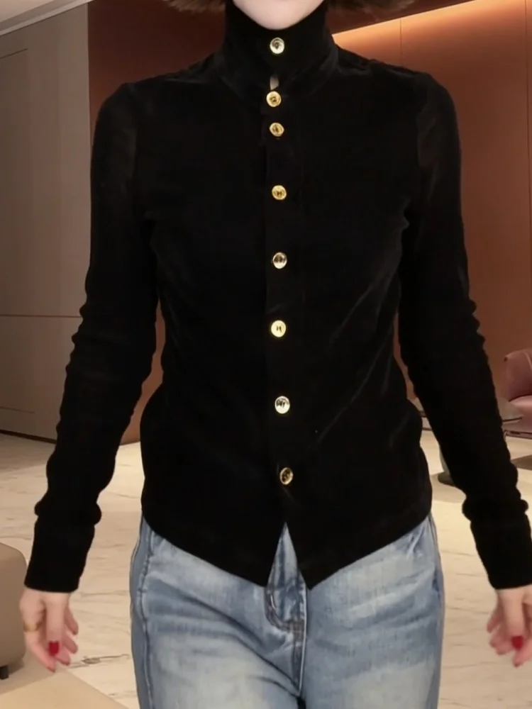 

Fashionable Slimming Single-Button Velvet Shirt Stand Collar Women's Spring Autumn New Style Versatile Ladies' Classic Shirt