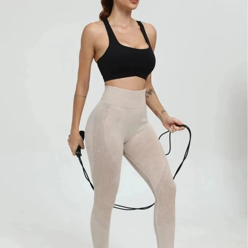 Matte Washed High Elastic Seamless Yoga Leggings Tight Fitting Letter Fitness Sports Pants Women High Waist  Hip Lift Leggings