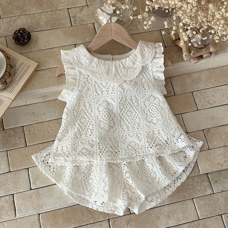 2026 Summer New Baby Clothes Set 6-24M Hollowed Out Flower Toddler Girls T-shirt +Shorts Loose Vintage Style Infant Outfit 2PCS