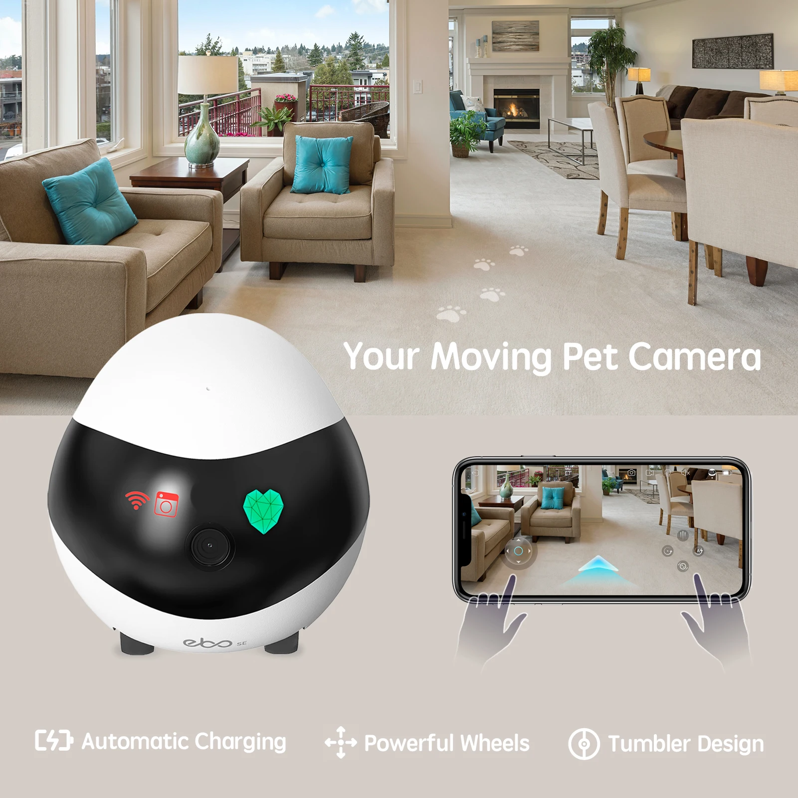 Enabot pet câmera de segurança em casa, móvel interior wifi cam, 2 vias de conversa, visão noturna, 1080p vídeo, auto carregamento robô