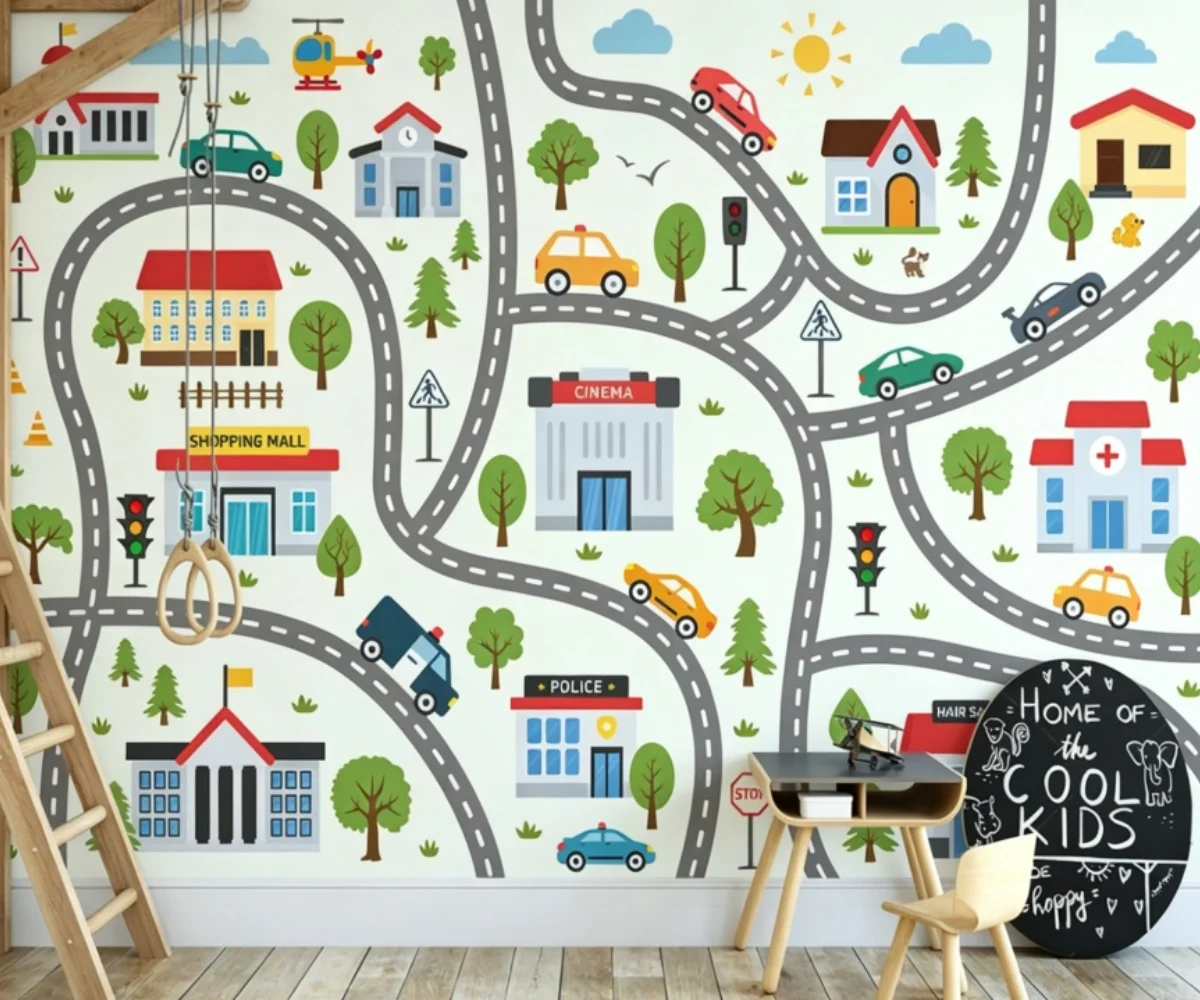 Beibehang Wall Paper Customize Nordic Hand-Painted House Cartoon Road Car Children's Room Bedroom Background Wallpaper