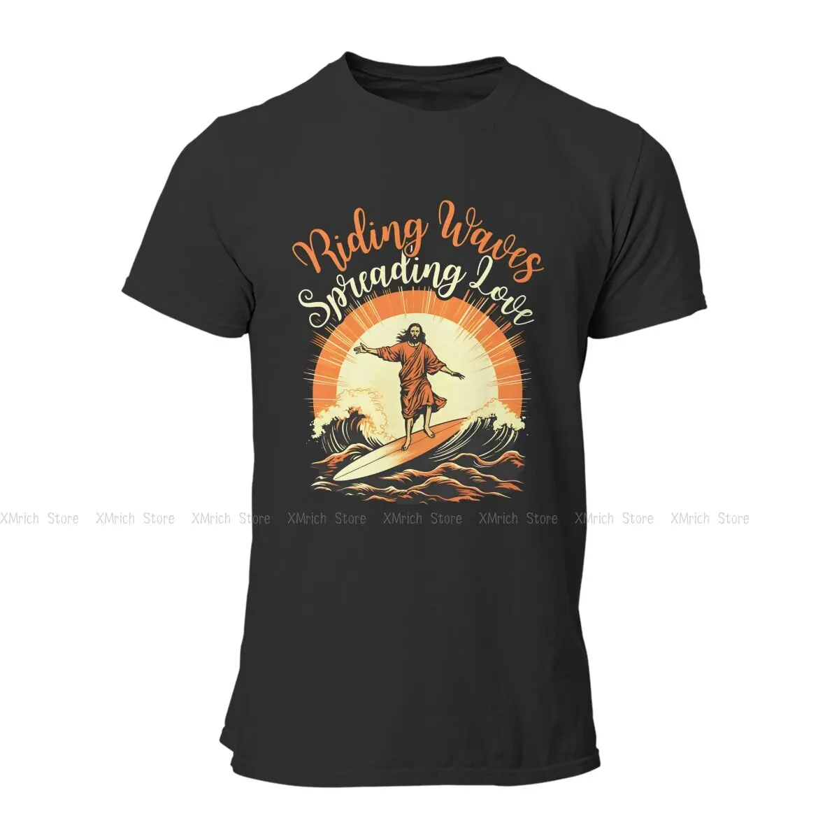 Surfing Jesus  Riding Waves Spreading Love Man's TShirt Jesus Crewneck Short Sleeve 100% Cotton T Shirt Funny Top Quality Gift