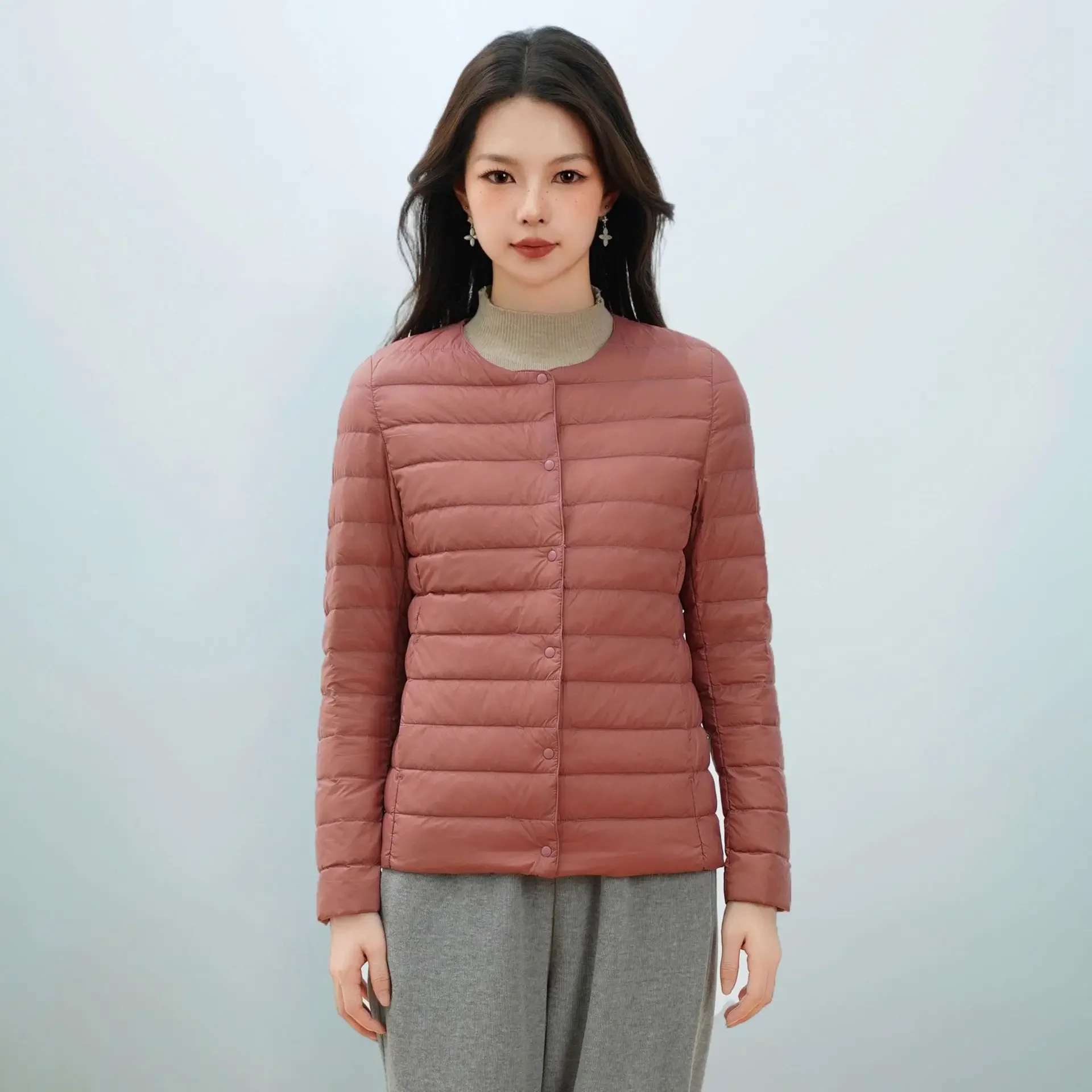 

Simple Wind Solid Color Round Neck Single Breasted Down Jacket, Women's New Winter Leisure Warm Long Sleeve Cotton-padded Jacket