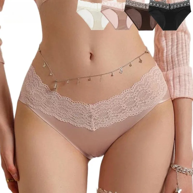 Women's Sexy Seamless Lace Trim Low Waist Panties Soft Breathable Nylon Comfortable Briefs Smooth Silky Satin Stretchy Underwear