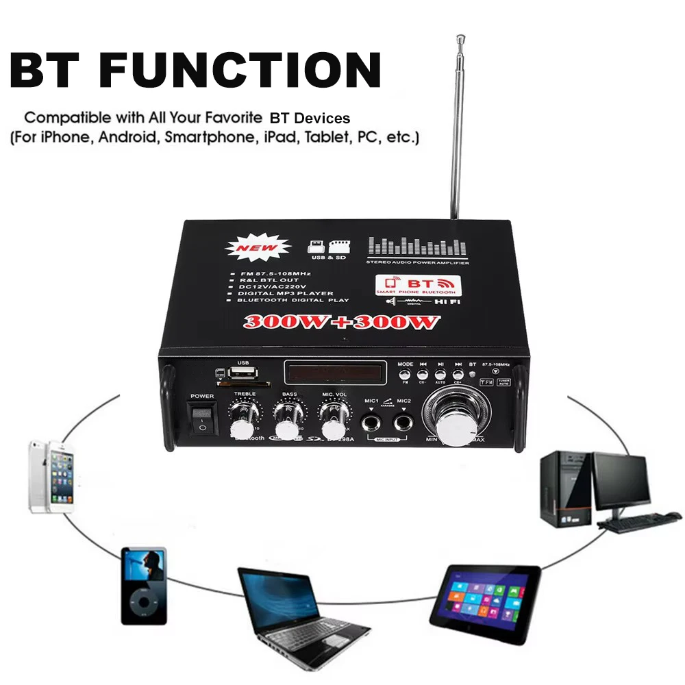 Amplificatore Bluetooth wireless da 600 W 2CH HiFi Audio Stereo AMP di potenza USB FM Radio Car Home Amplificatore subwoofer con telecomando