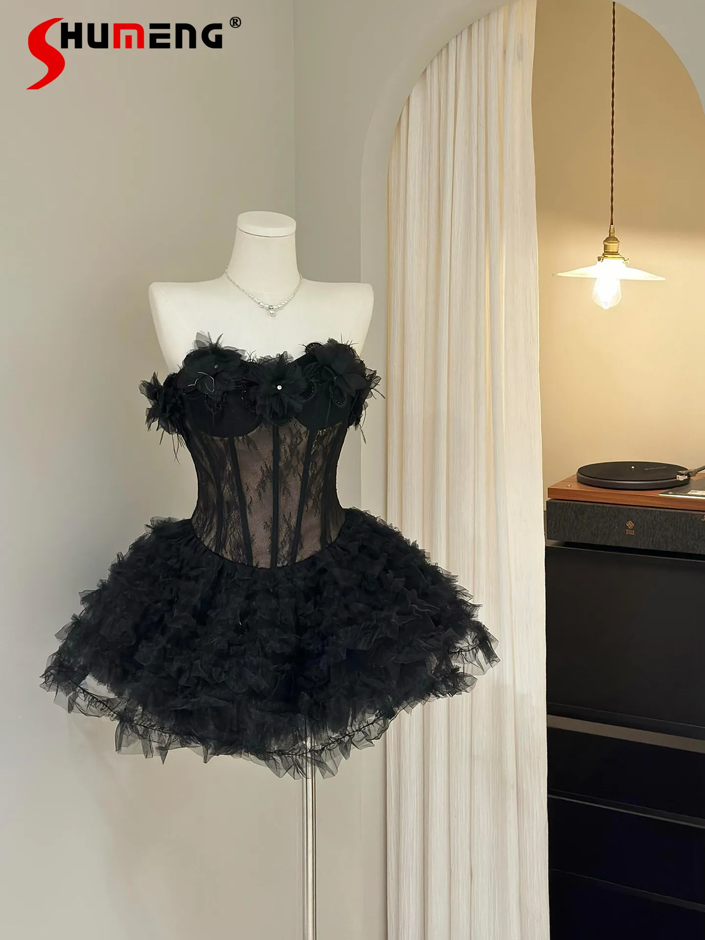 

Sweet Elegant Socialite Birthday Party Mini Dress Heavy Industry 3D Mesh Floral Sleeveless Strapless Black Short Dress for Women