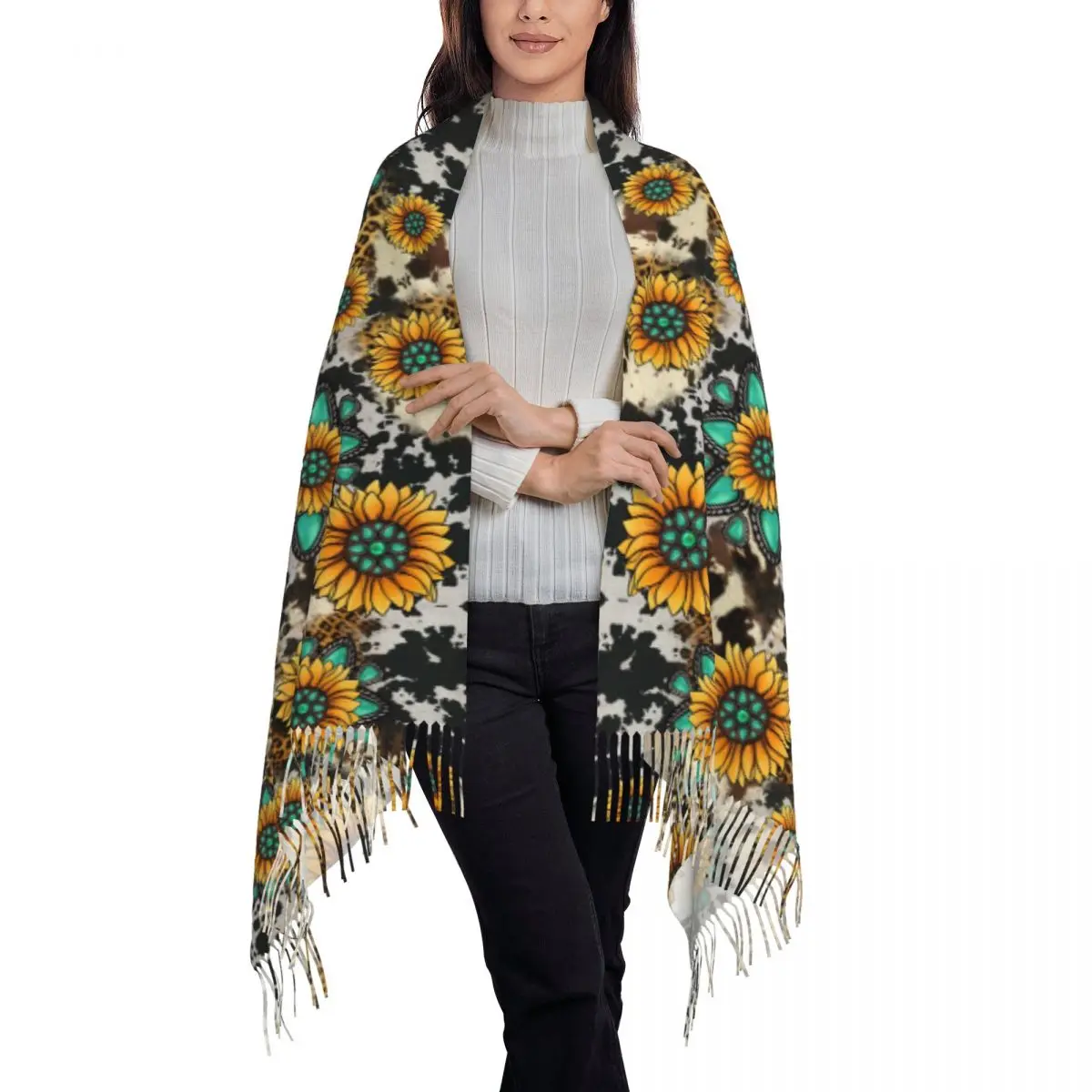 Custom Sunflower Turquoise Cow Print Tassel Scarf Women Winter Warm Shawls Wraps Female Scarves