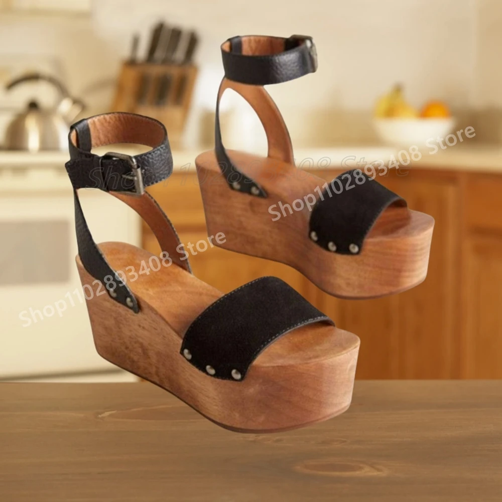 Sandalias de estilo Retro con punta abierta y suela gruesa marrón, cuñas con hebilla en el tobillo, zapatos de tacón alto a la moda Para chicas y mujeres, 2025 Para Mujere