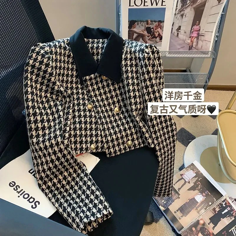 

Винтажная твидовая куртка женская элегантная укороченная лоскутная куртка с узором «гусиные лапки» осень-зима женская корейская дизайнерская верхняя одежда с длинными рукавами