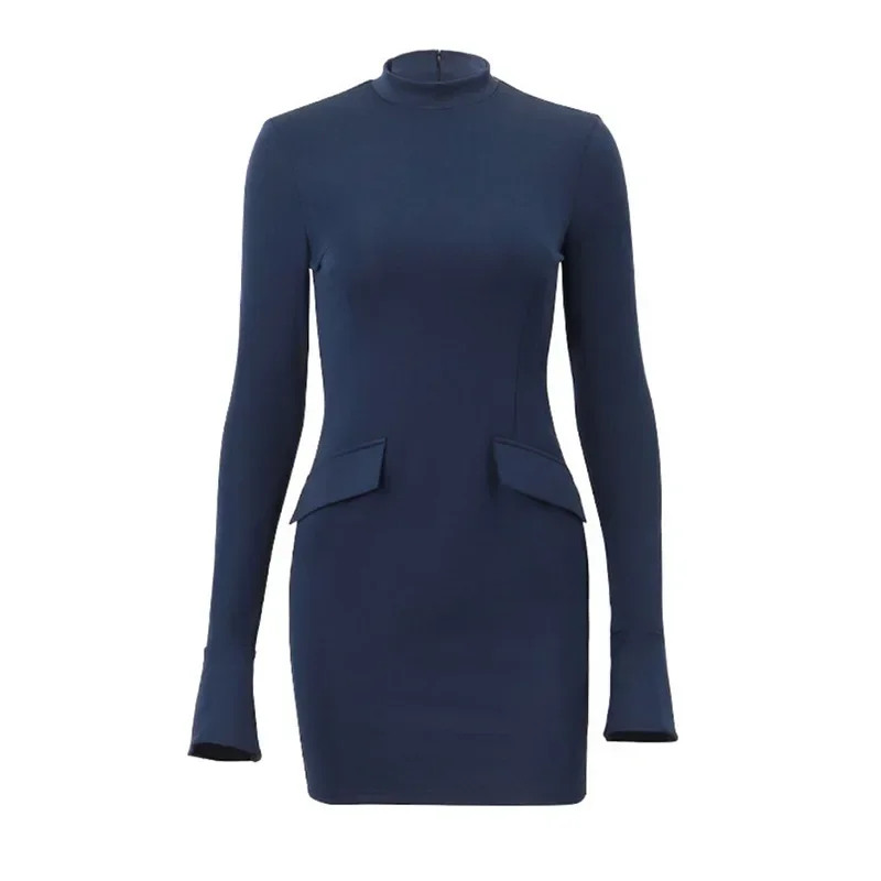 Minivestido elegante de cintura alta para mujer, color azul oscuro, liso, a la moda, con bolsillo, manga larga, vestidos ajustados, batas elegantes para fiesta y discoteca 2023