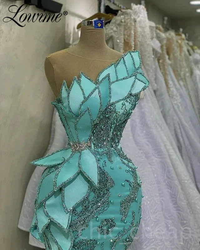 Vestido longo árabe de baile de sereia, vestidos frisados com cristais Aso Ebi, vestidos de noivado, Lowime, Dubai, 2023