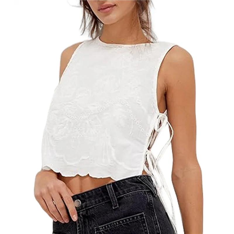 CYL-Tank Tops For Women Y2K Sleeveless Square Neck Tie Up Cropped Vest Summer Chic Going Out Blouse