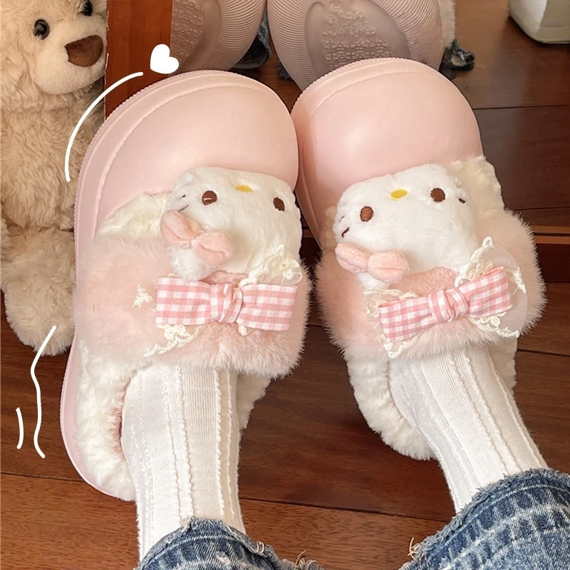 

Kawaii Hello Kitty Big Head Slippers Anime Cinnamoroll Girl Winter Fleece-lined Keep Warm At Home Thick Soled Non Slip Slippers