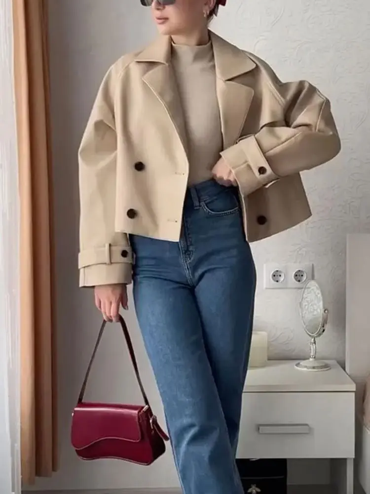 

Summer Women Chic Short Trench Coat 3-Color Double Breasted Long Sleeve Jacket Women's Lapel Pocket Design Coat Mujer