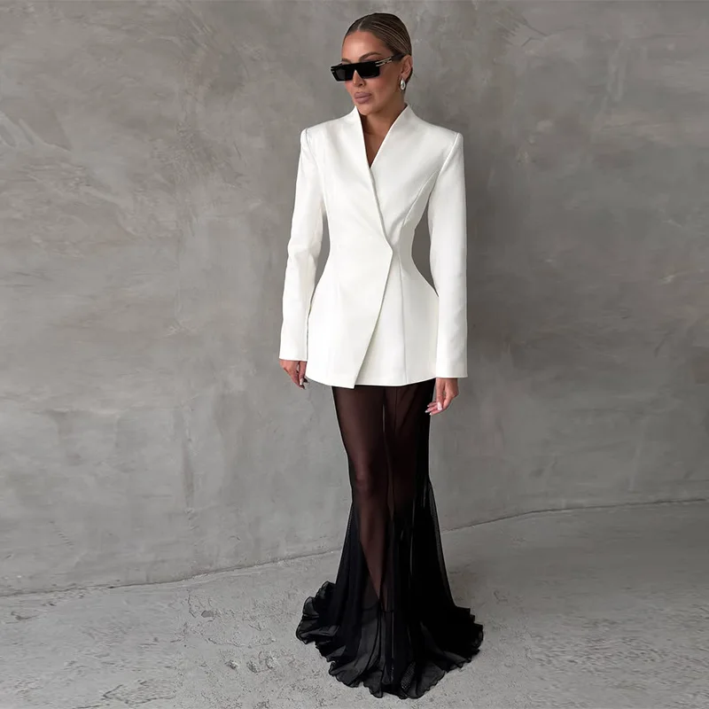Elegant Women Skirt Set Sexy INS Long Sleeve Corset Blazer Jacket See Through Mesh Maxi Skit Two Piece Set Office Lady Outfits