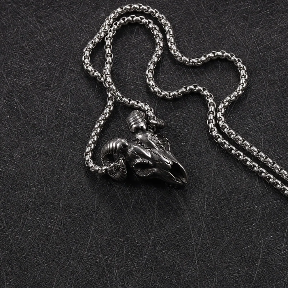 Vintage Stainless Steel Satan Goat Necklace Hanging Men Chain Street Hip Hop Style Satan Skull Pendant Jewelry Goth Accessories