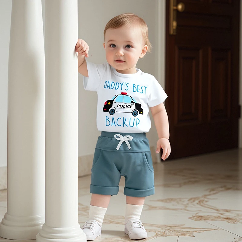 

0-4Y Baby Boys Summer Outfits Letter Police Car Print Short Sleeves T-Shirt and Elastic Shorts Set for 2 Piece Clothes Set