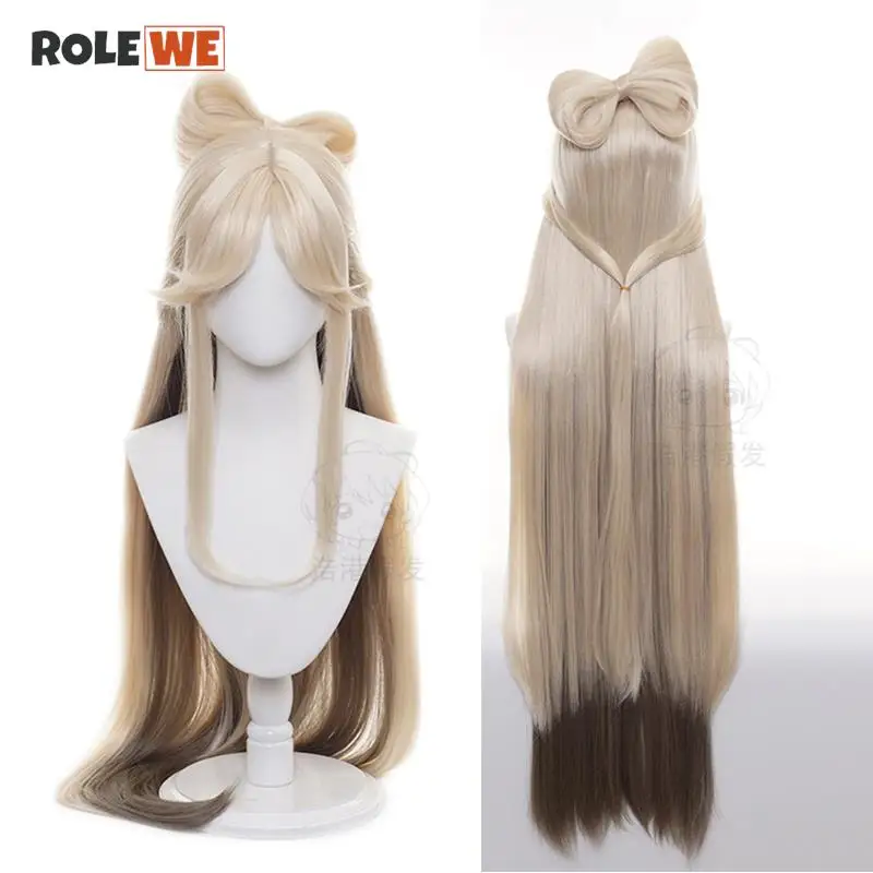 

Game Genshin Impact Ningguang Cosplay Wig Long Beige Heat Resistant Synthetic Hair Wigs With Bow + Wig Cap