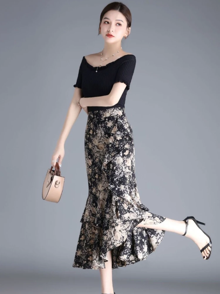 

Женская асимметричная шифоновая юбка-миди с цветочным принтом, оборками и эффектом «рыбий хвост», облегающая, коллекция Весна-Лето 2026, новейший стиль