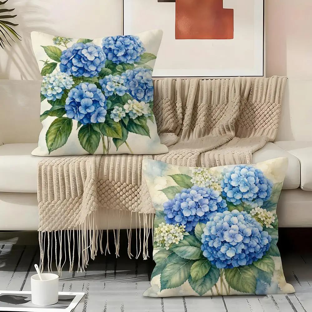 Watercolor Blue Hydrangea Cushion Cover Natural Linen Organic Fabric Double-Sided Printing Sofa Home Decor Gift Pillow Cover