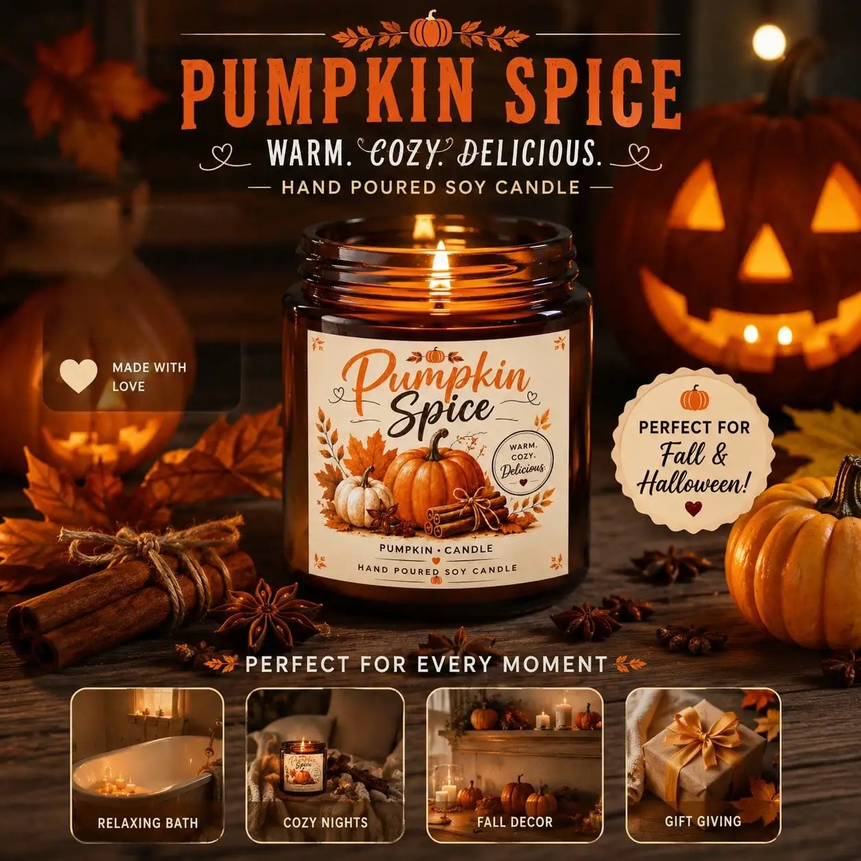 Pumpkin Spice Handmade Soy Wax Candle, Autumn Leaf Brown Jar, Cozy Home Decor Fragrance Candle, Vintage Maple Leaf Pumpkin Print Pumpkin Spice Candle, Long-Lasting Burn, Pastoral Style Desktop Autumn Soft Decor Ornament,