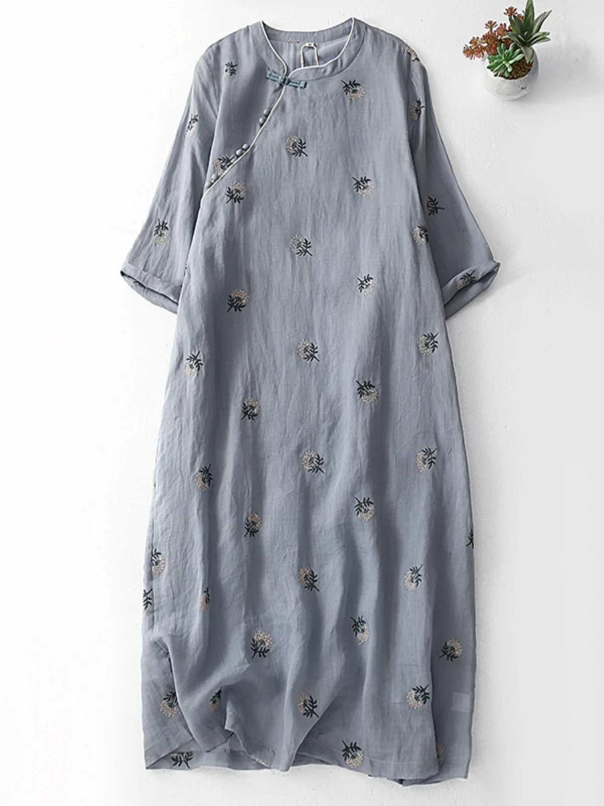 

Ретро-платье-ципао из хлопка и льна с коротким рукавом, принтованное, с воротником-стойкой, свободной талией, А-силуэта, летнее, для повседневной носки, комплект