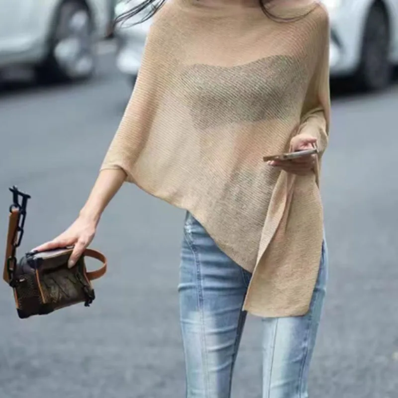 Boring Honey Summer Loose Thin Ice Silk Sweater Top Design Sense Irregular Tops women Fashion Cloak Shawl Sunscreen Shirt Femal